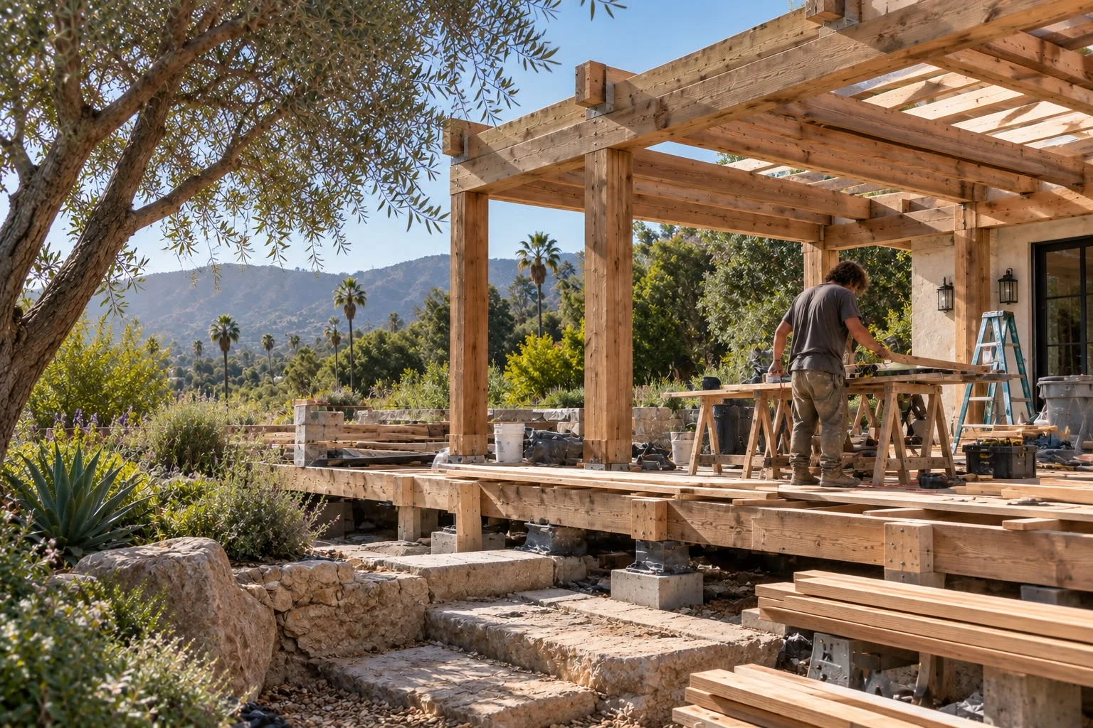 A builder working at a bench beneath a timber pergola under construction beside a garden.