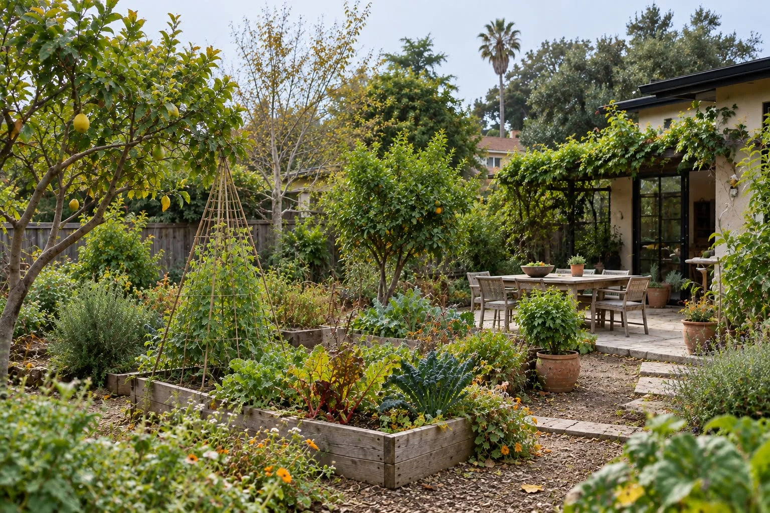 Raised vegetable beds, citrus trees and climbing plants around a garden dining terrace.