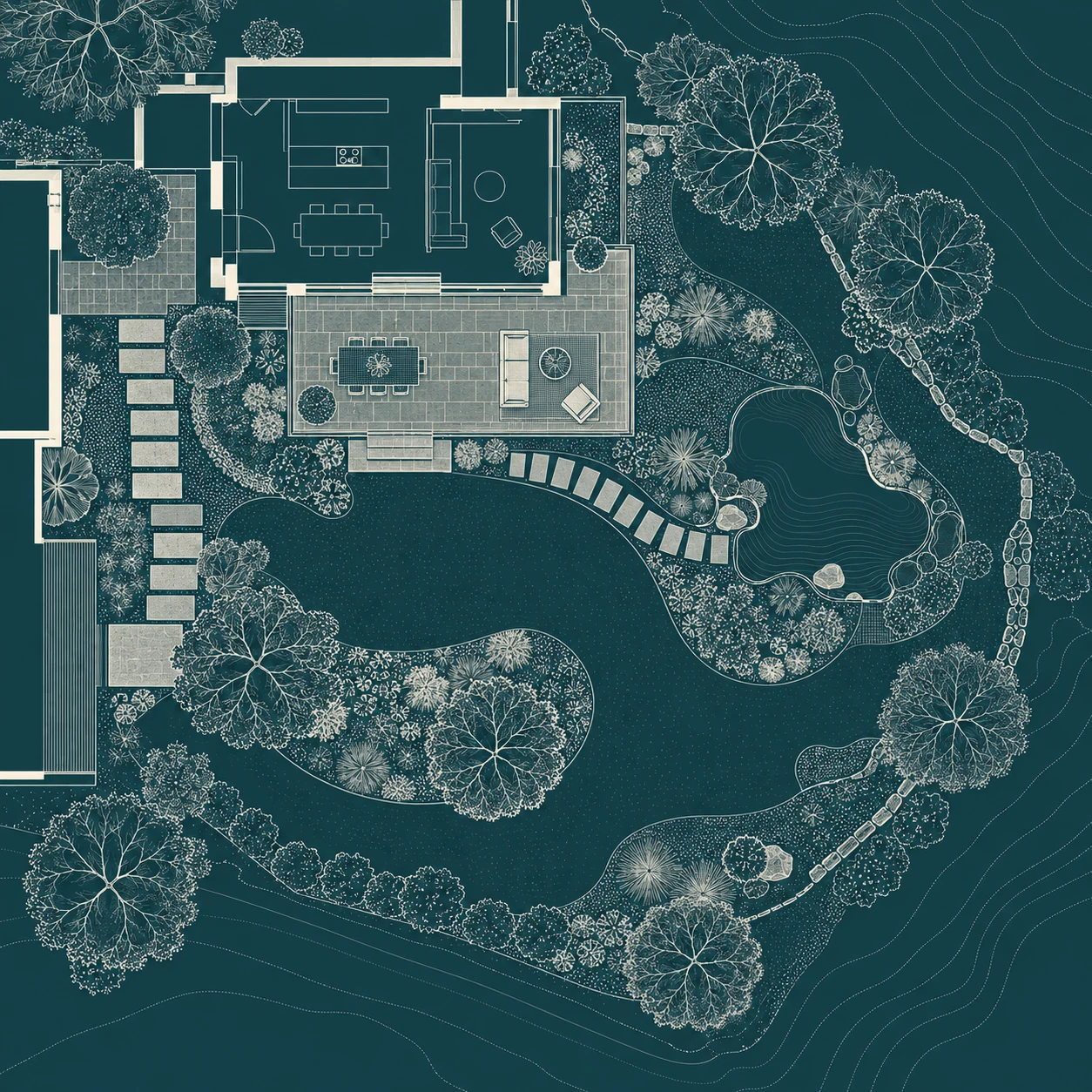 An architectural landscape concept plan, drawn in fine ivory lines on deep blue, showing a house, terrace, paths and planting beds.