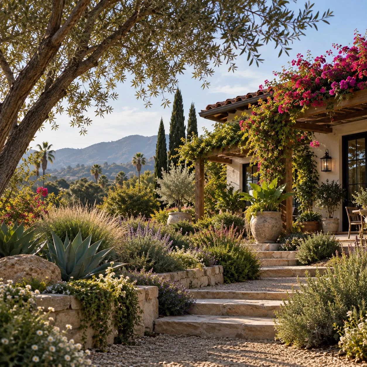 Stone steps through layered garden planting, olive trees and flowering vines beside a house.